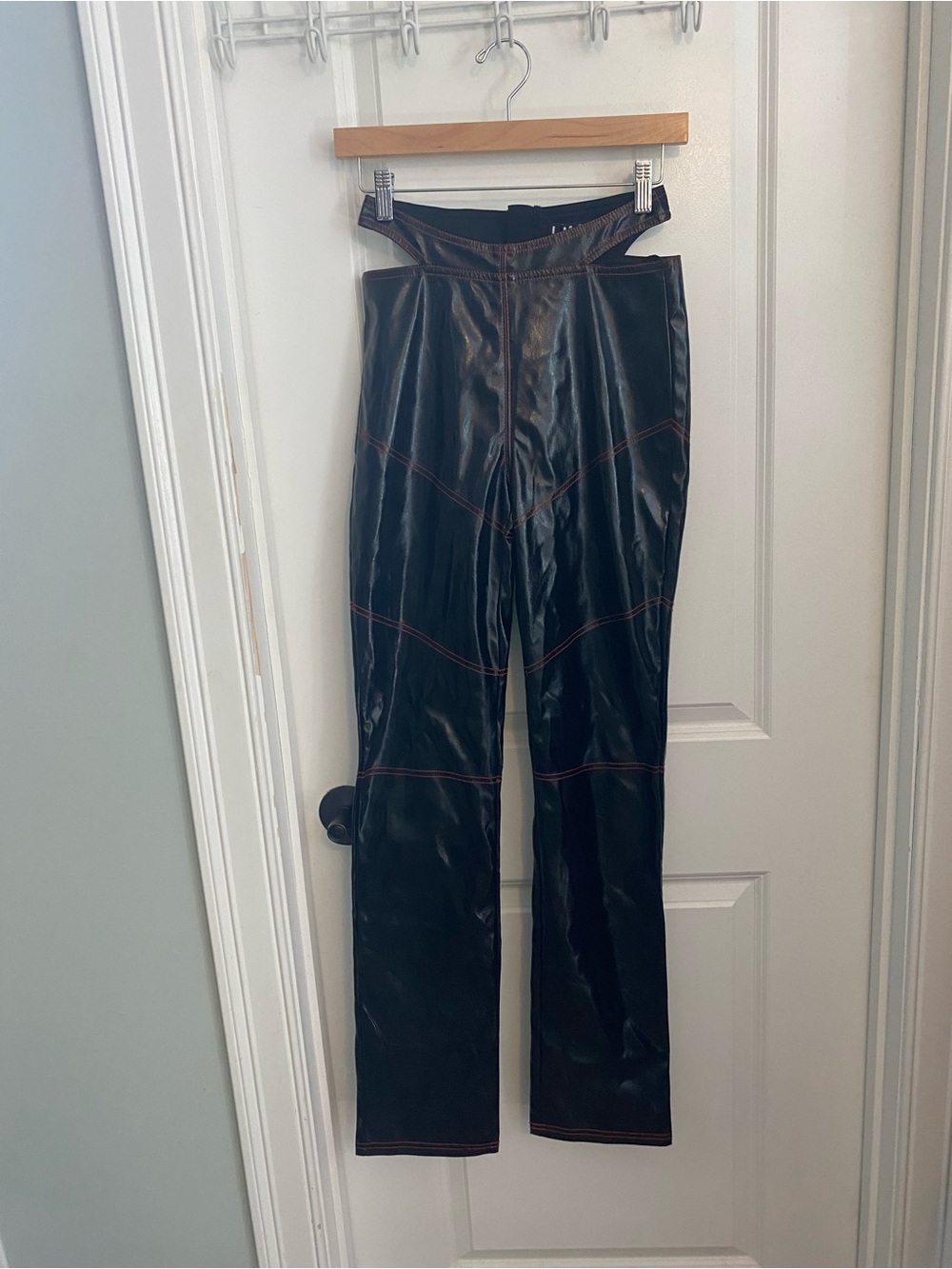 I.AM.GIA Black Vinyl Cutout Pants with Red Contrast Stitching